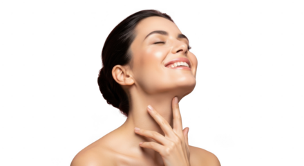 Woman touching her neck with a smile isolated on transparent background