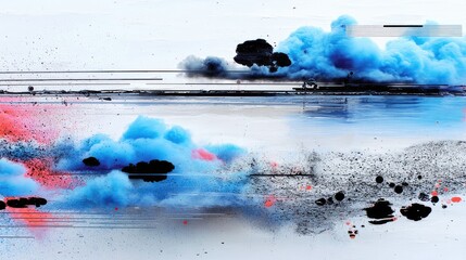 An abstract composition featuring a dynamic explosion of vibrant blue and pink powder, with dark black elements and horizontal lines against a bright white back