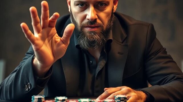 Intense bearded man at a poker table makes a high-stakes bet. Professional gambler pushing all his chips in a casino game. Risk and confidence concept