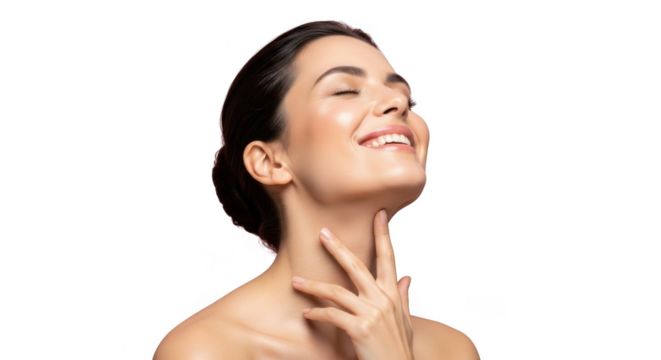 Woman touching her neck with a smile isolated on transparent background