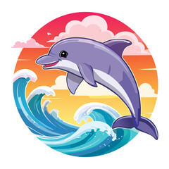 Purple Dolphin Swimming with Friend Over Ocean Waves in a Tropical Sunset Illustration