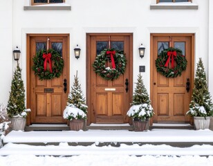 Beautiful Winter Scene With Decorated Doors Featuring Wreaths and Snow-Covered Plants at a Cozy Residence