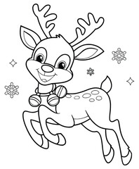Festive Deer Illustration: A cheerful cartoon reindeer leaps joyfully, adorned with bells and surrounded by falling snowflakes, creating a whimsical scene perfect for holiday designs.