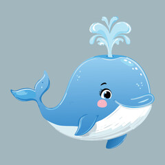 Round Blue Whale Animal Character Spraying Water Upward Cute Nautical Mascot For Marine Wildlife Conservation
