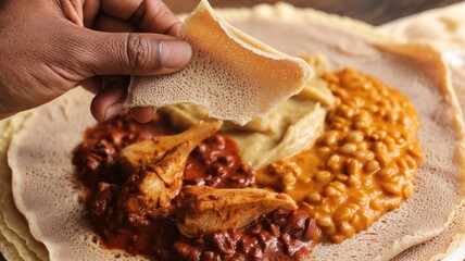 Close-Up of Hand Tearing Traditional Ethiopian Injera Bread to Scoop Spicy Doro Wat (Chicken Stew) and Assorted Wots, Highlighting the Spongy Texture.