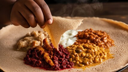 Close-Up of Hand Tearing Traditional Ethiopian Injera Bread to Scoop Spicy Doro Wat (Chicken Stew) and Assorted Wots, Highlighting the Spongy Texture.
