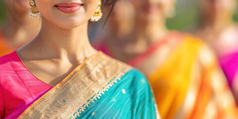 Close Up of Young Asian Female in Vibrant Traditional Indian Saree with Gold Embellishments