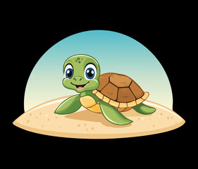 Small Sea Turtle Animal Character Smiling On Desert Island Sand For Nautical Theme And Kids Decor