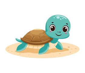 Cute Baby Sea Turtle Animal Character Sitting On Sandy Beach Under The Sun For Children Book Illustration