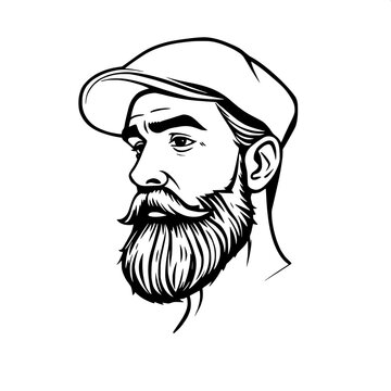 Monochrome illustration of a man with a rounded cap and a full beard, posed in a side-facing profile, rendered with stylized strong shadows and thick expressive linework, embodying a minimalist visual