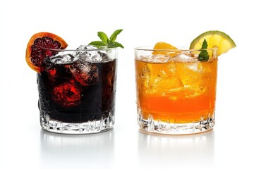 Two distinct cocktails featuring dark and vibrant colors, enhanced with fresh citrus, offering an elegant yet fun mix of flavor, perfect for nightlife experiences and gatherings.
