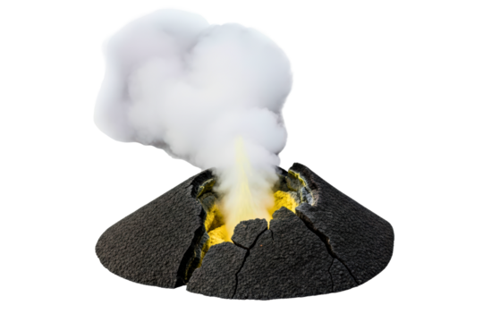 Volcanic crater emitting thick white smoke and yellow gas plumes on a transparent background