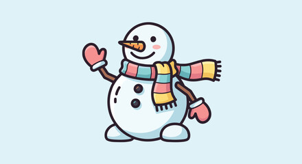 Cute Snowman Waving One Hand with Scarf Fluttering, Flat Vector Illustration
