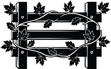 Rustic wooden fence with autumn leaves and oval frame