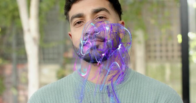 Man reacting on patio as CGI fluid appearing at chest rising and overlaying face, showcasing AR