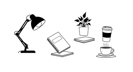 Desk Essentials Lamp Books Plant and Coffee Illustration.