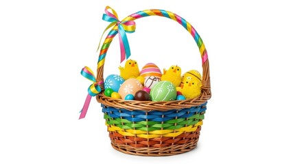 Naklejka premium Colorful easter basket filled with chicks and eggs isolated on white background