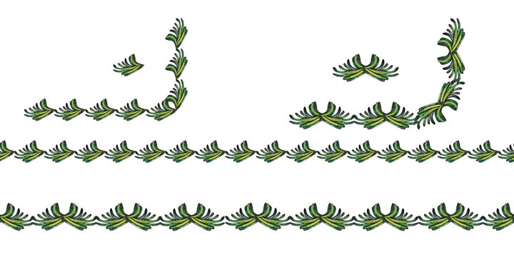 Green thin seamless borders with spruce needle motifs in a botanical style. Watercolor template for frames, ribbons, scrapbooking, stickers, stationery, packaging, invitations, branding, eco-design