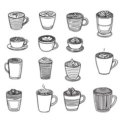 A black and white collection of hand-drawn icons featuring various coffee drinks like lattes and cappuccinos. Each sketch illustrates a unique cup style and latte art pattern, such as hearts, swirls, 