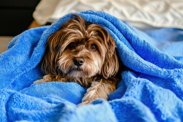 A heartwarming image of a cozy dog nestled in a soft blue blanket, radiating warmth, comfort, and the affectionate bond between pets and their owners.