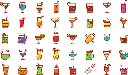 Colorful collection of various cocktail and drink icons.