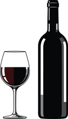 Elegant Wine Bottle and Glass Illustration with Red Wine Beverage in Minimal Vector Style