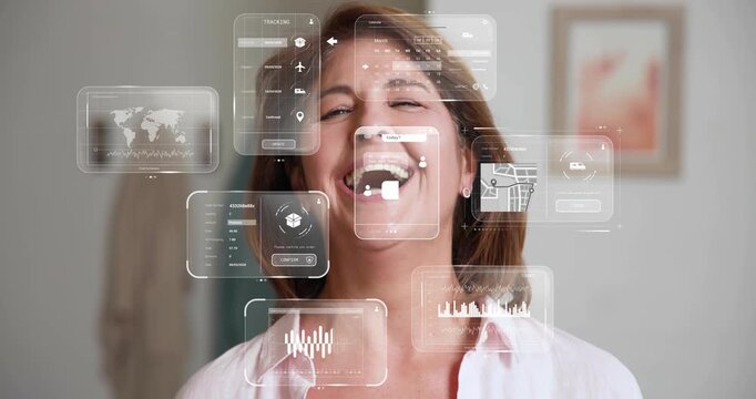 Senior woman receiving notifications, shifting from neutral to laughter as tech chat panels react