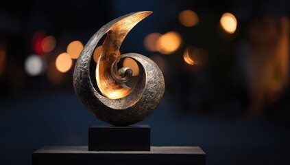 Swirl sculpture, bronze-toned, on dark square stand