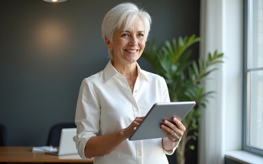 Senior confident business working woman, mentor, teacher with white short hair stand and use tablet, Portrait mature female middle aged in office discuss work. High quality