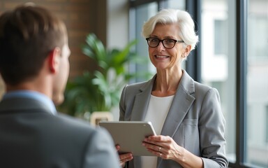 Senior confident business working woman, mentor, teacher with white short hair stand and use tablet, Portrait mature female middle aged in office discuss work. High quality
