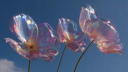 Iridescent floral sculptures against clear blue sky