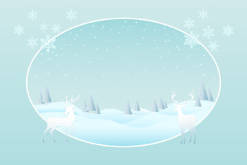 A winter landscape illustration featuring two elegant white deer standing on opposite sides of a large oval frame with snow-covered hills, frosty pine trees and snow fall gently from the sky.