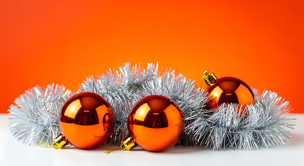 Shiny orange Christmas ornaments nestled in silver tinsel against an orange background.