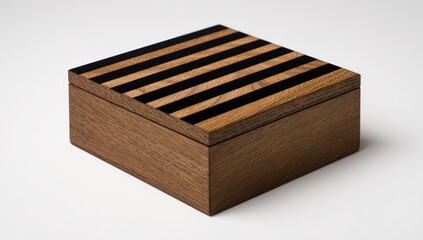 Square wood box; black stripe lid, angled, solid background