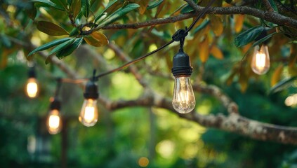 String lights hang from a tree; soft, warm lighting