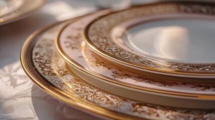 Elegant stacked plates with intricate gold detailing, showcasing fine craftsmanship, perfect for a sophisticated dining experience.