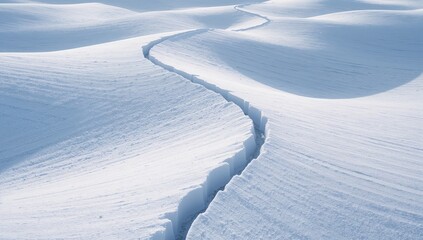 Winding crack in pristine snow-covered winter landscape scene