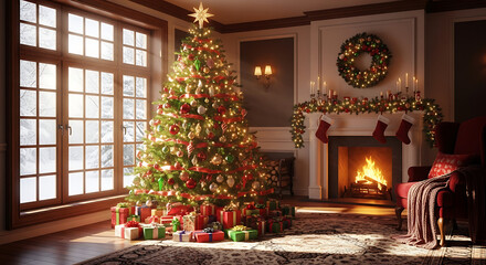 Cozy Christmas scene with a decorated tree and presents next to a fireplace in a warmly lit room.