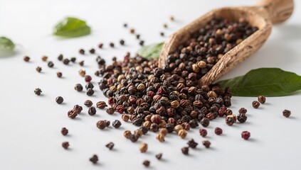 Mixed peppercorns in wooden scoop with green leaves on white