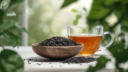 Invigorating hot black tea and loose leaves near green foliage