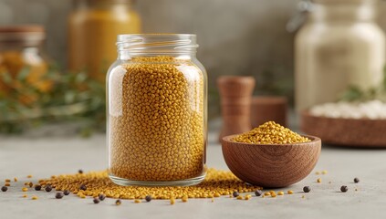 Fenugreek seeds in glass jar and wooden bowl, kitchen setting