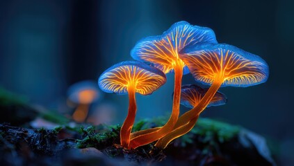 Glowing mushrooms illuminate a dark, mossy forest floor