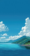 Serene seascape with hills, under blue sky and fluffy clouds