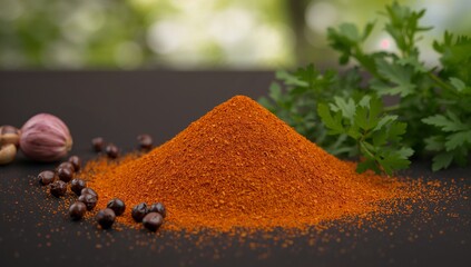 Heap of vibrant red spice powder, garlic, peppercorns and parsley.