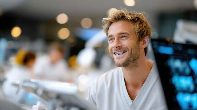 Happy patient is discharged from modern clinic smiling with relief after successful treatment. Private healthcare services insurance advertising patient satisfaction positive medical outcomes..