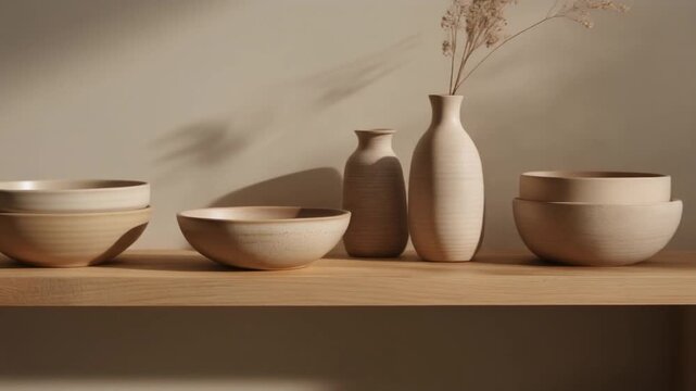 Ceramic tableware on wooden shelf with natural light