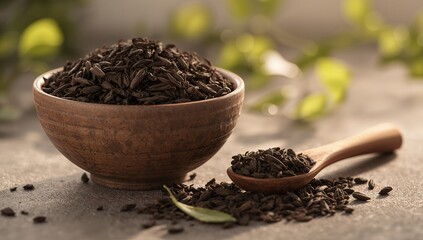 Dried black tea leaves in wooden bowl and spoon on rustic table
