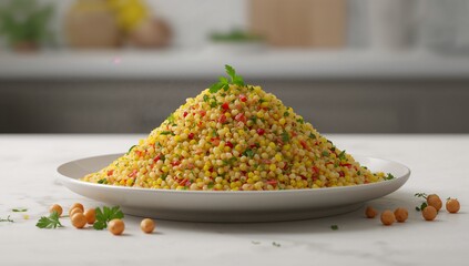 Delicious pearl couscous salad with fresh herbs and vegetables