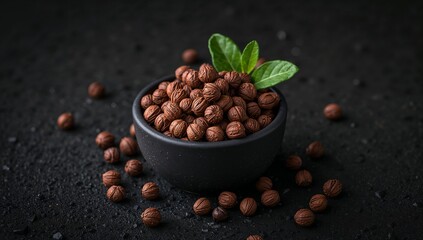 Small textured brown nuts in bowl with green leaves on surface