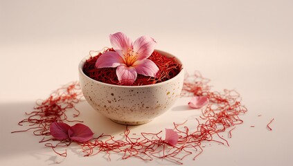 Saffron threads with pink flower petals in ceramic bowl spice